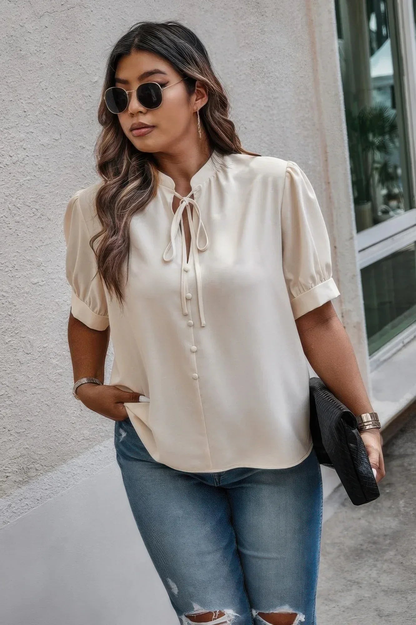Plus Size Cross Neck Puff Sleeves Solid Button Top | Mixtshop LLC