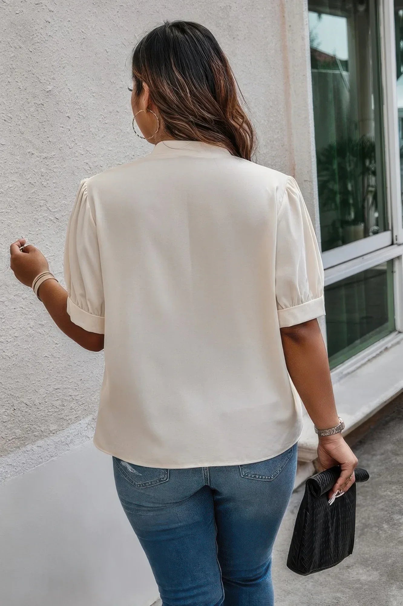 Plus Size Cross Neck Puff Sleeves Solid Button Top | Mixtshop LLC