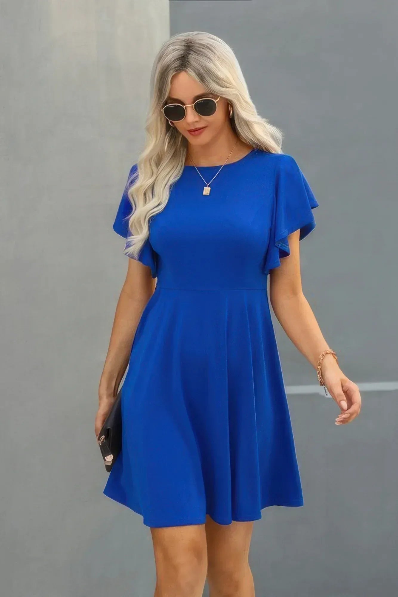 Crew Neck Ruffled Short Sleeve Solid Dress | Mixtshop LLC