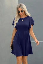 Crew Neck Ruffled Short Sleeve Solid Dress | Mixtshop LLC