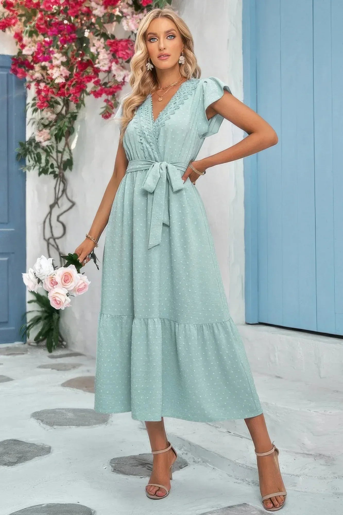 Solid Deep V Dot Lace Belt Long Dress | Mixtshop LLC