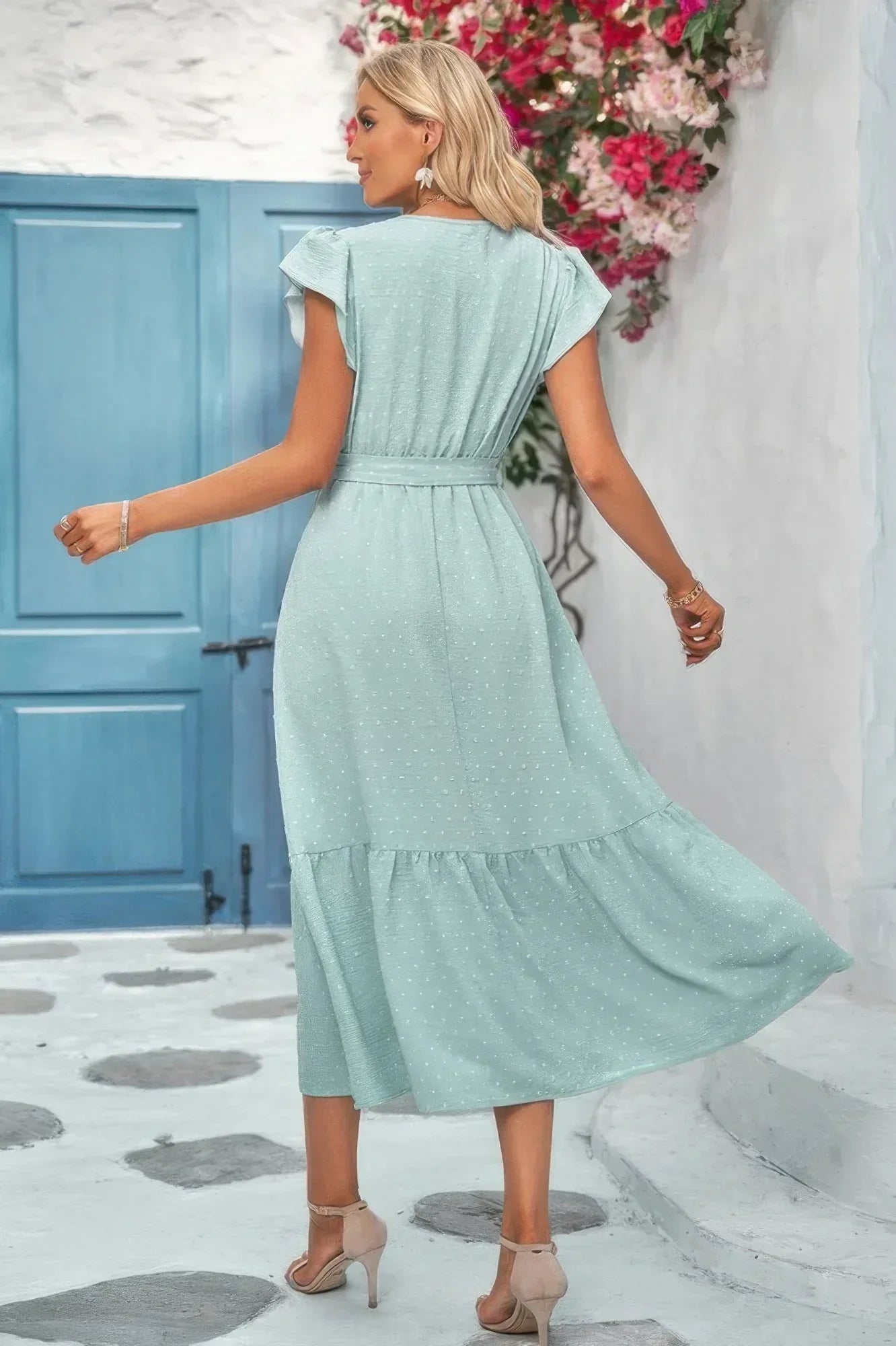 Solid Deep V Dot Lace Belt Long Dress Secondary image