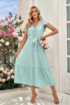 Solid Deep V Dot Lace Belt Long Dress | Mixtshop LLC