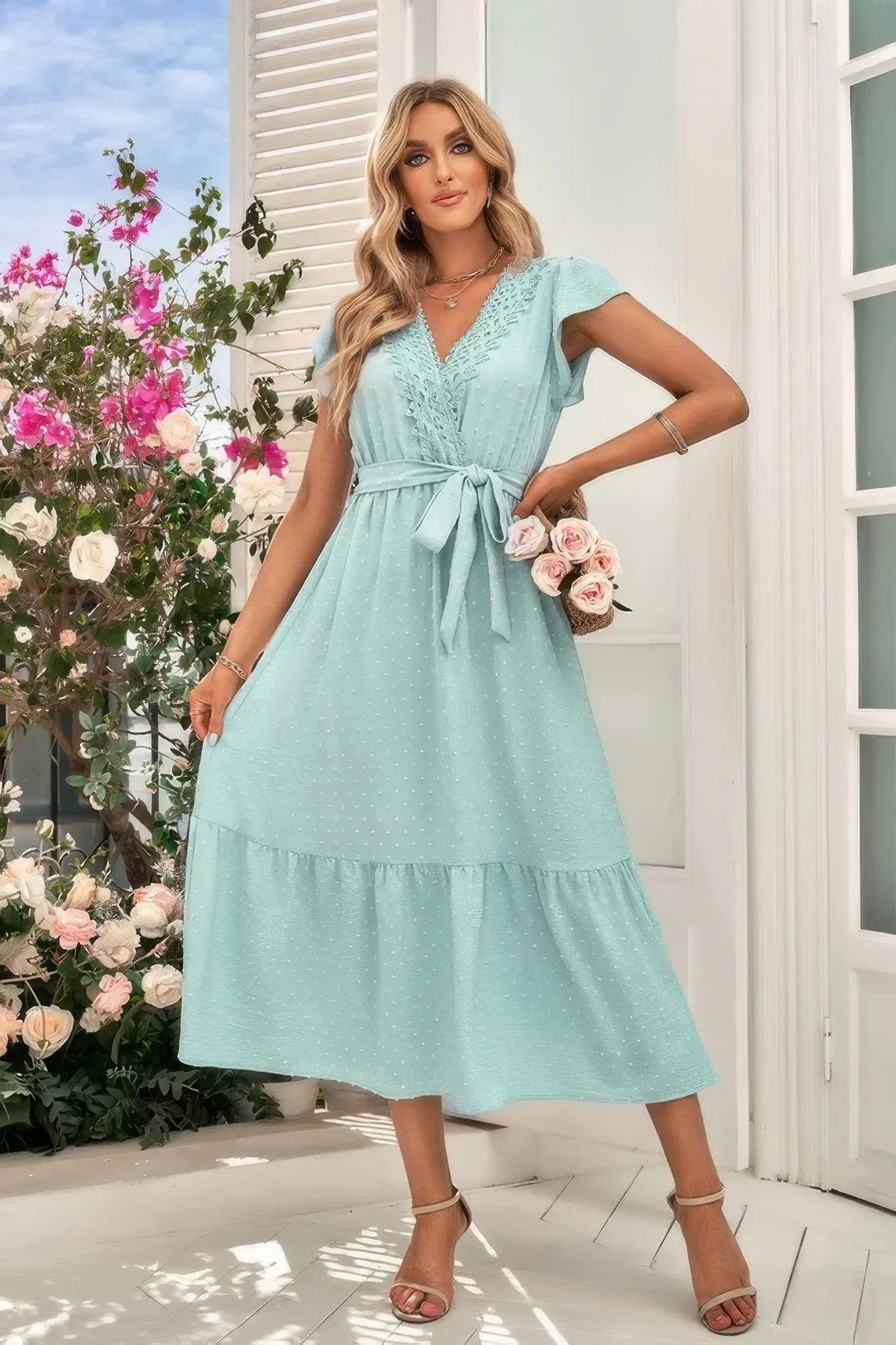 Solid Deep V Dot Lace Belt Long Dress | Mixtshop LLC