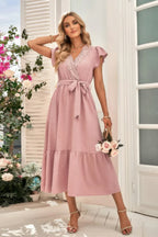 Solid Deep V Dot Lace Belt Long Dress | Mixtshop LLC