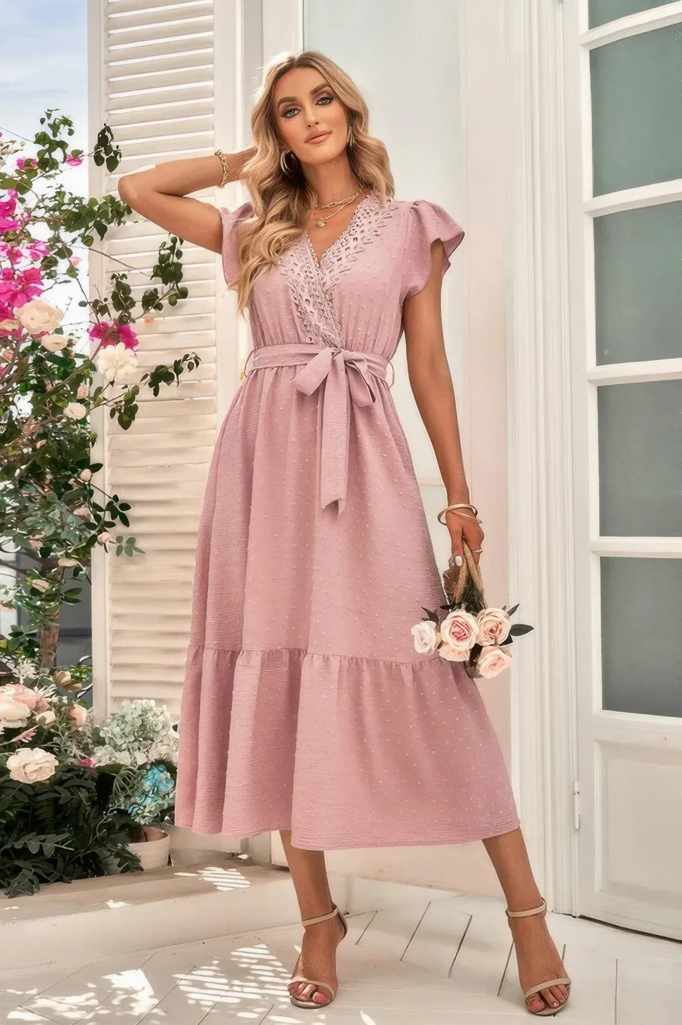 Solid Deep V Dot Lace Belt Long Dress | Mixtshop LLC