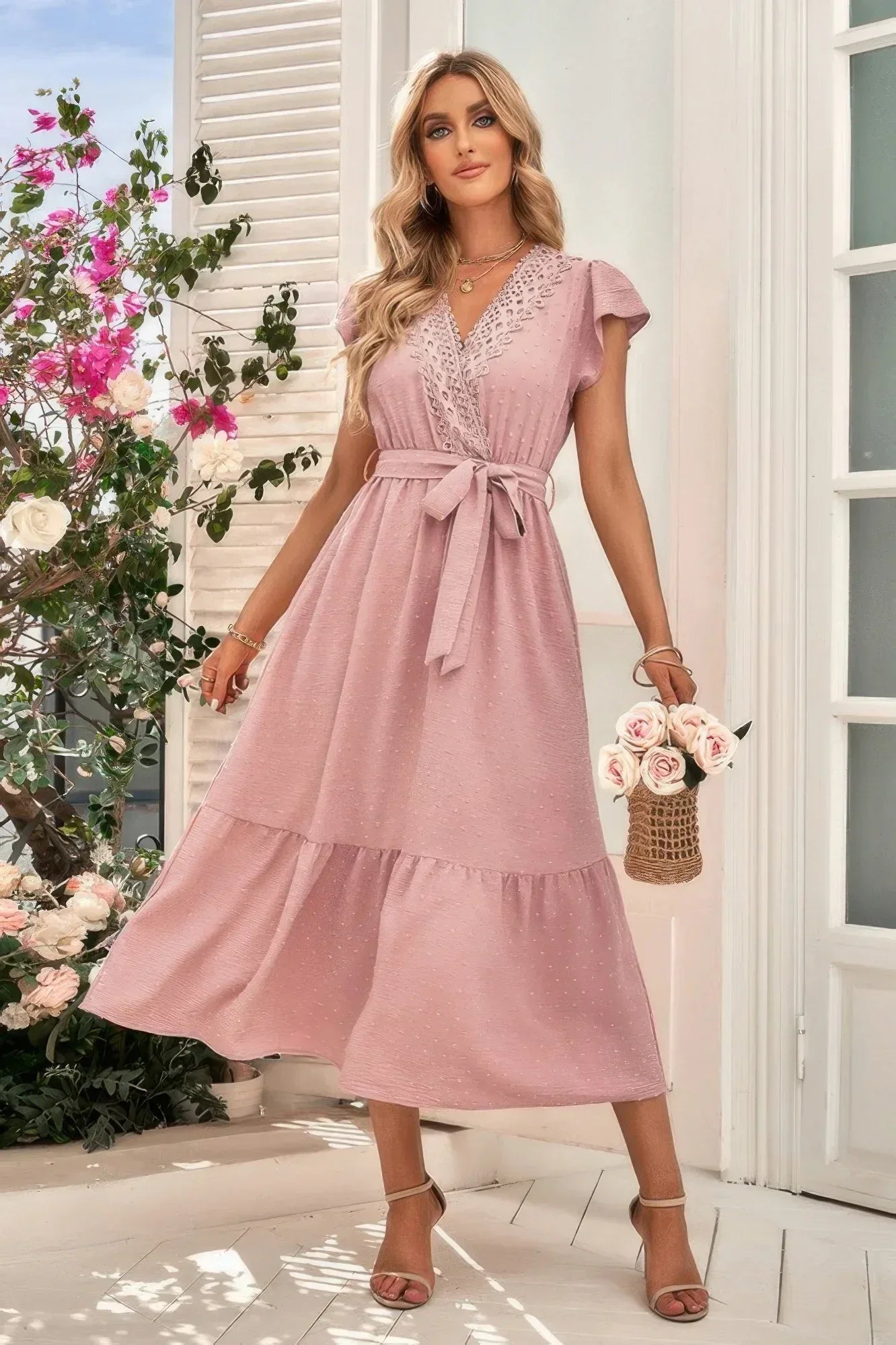 Solid Deep V Dot Lace Belt Long Dress | Mixtshop LLC
