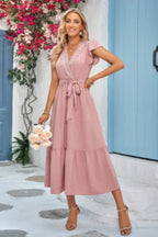 Solid Deep V Dot Lace Belt Long Dress | Mixtshop LLC