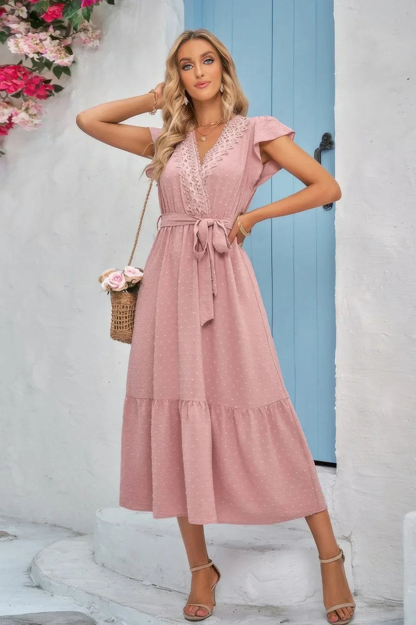 Solid Deep V Dot Lace Belt Long Dress | Mixtshop LLC