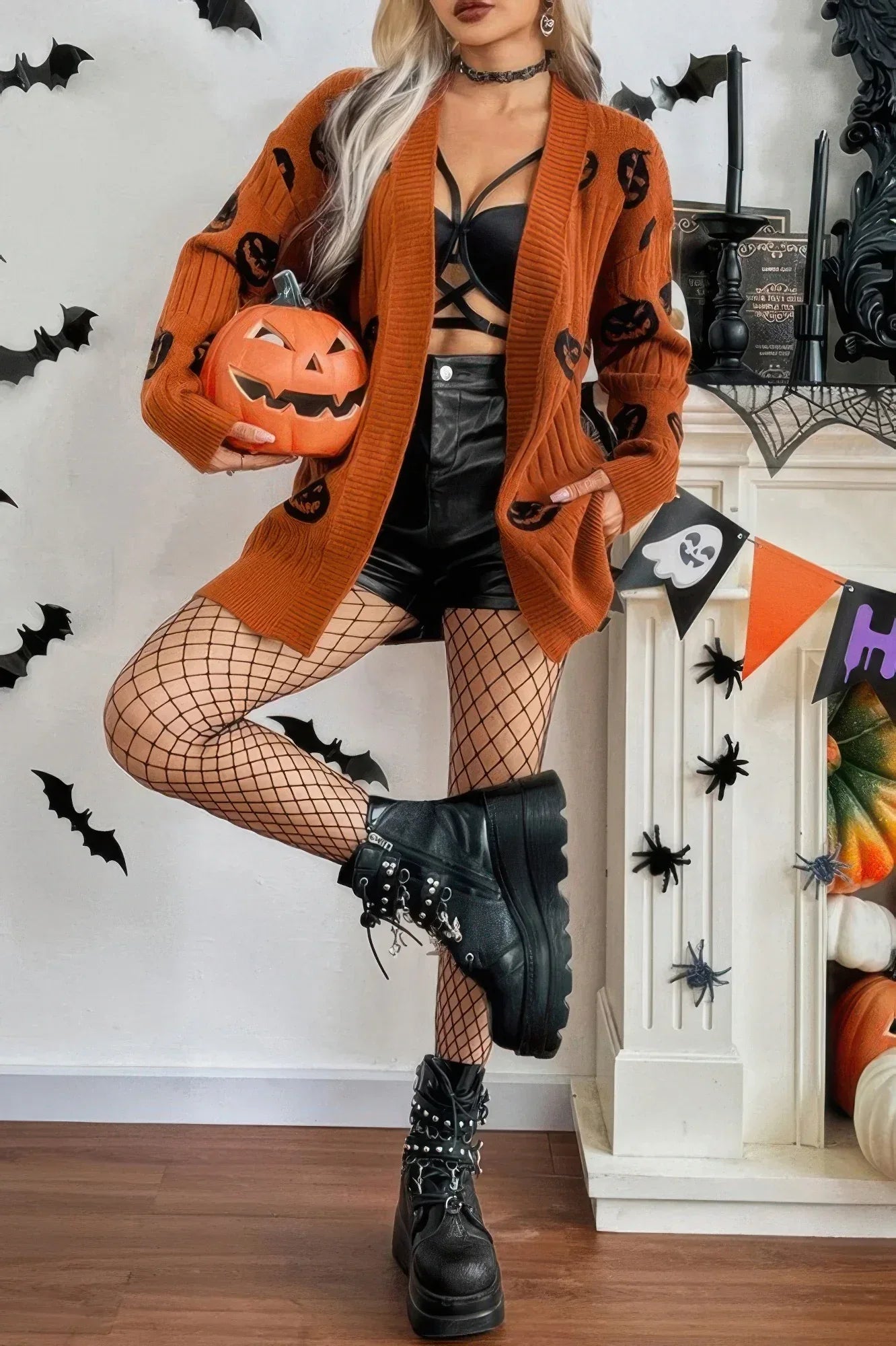 Pumpkin Print Open Front Long Sleeve Cardigan | Mixtshop LLC Main image