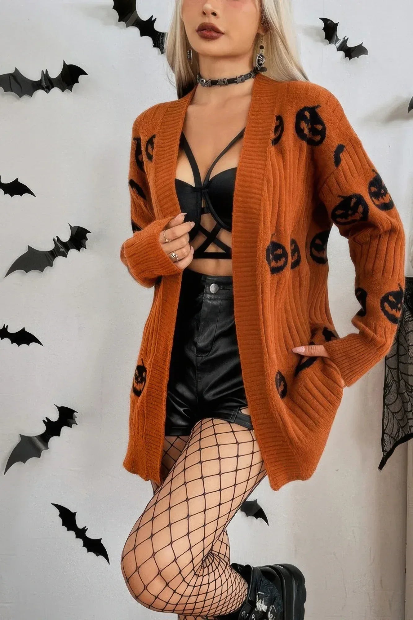 Pumpkin Print Open Front Long Sleeve Cardigan | Mixtshop LLC