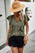 Solid Button Ruffle V Neck Fit Blouse | Mixtshop LLC