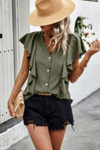 Solid Button Ruffle V Neck Fit Blouse | Mixtshop LLC