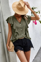 Solid Button Ruffle V Neck Fit Blouse | Mixtshop LLC