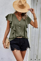 Solid Button Ruffle V Neck Fit Blouse | Mixtshop LLC