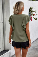Solid Button Ruffle V Neck Fit Blouse | Mixtshop LLC