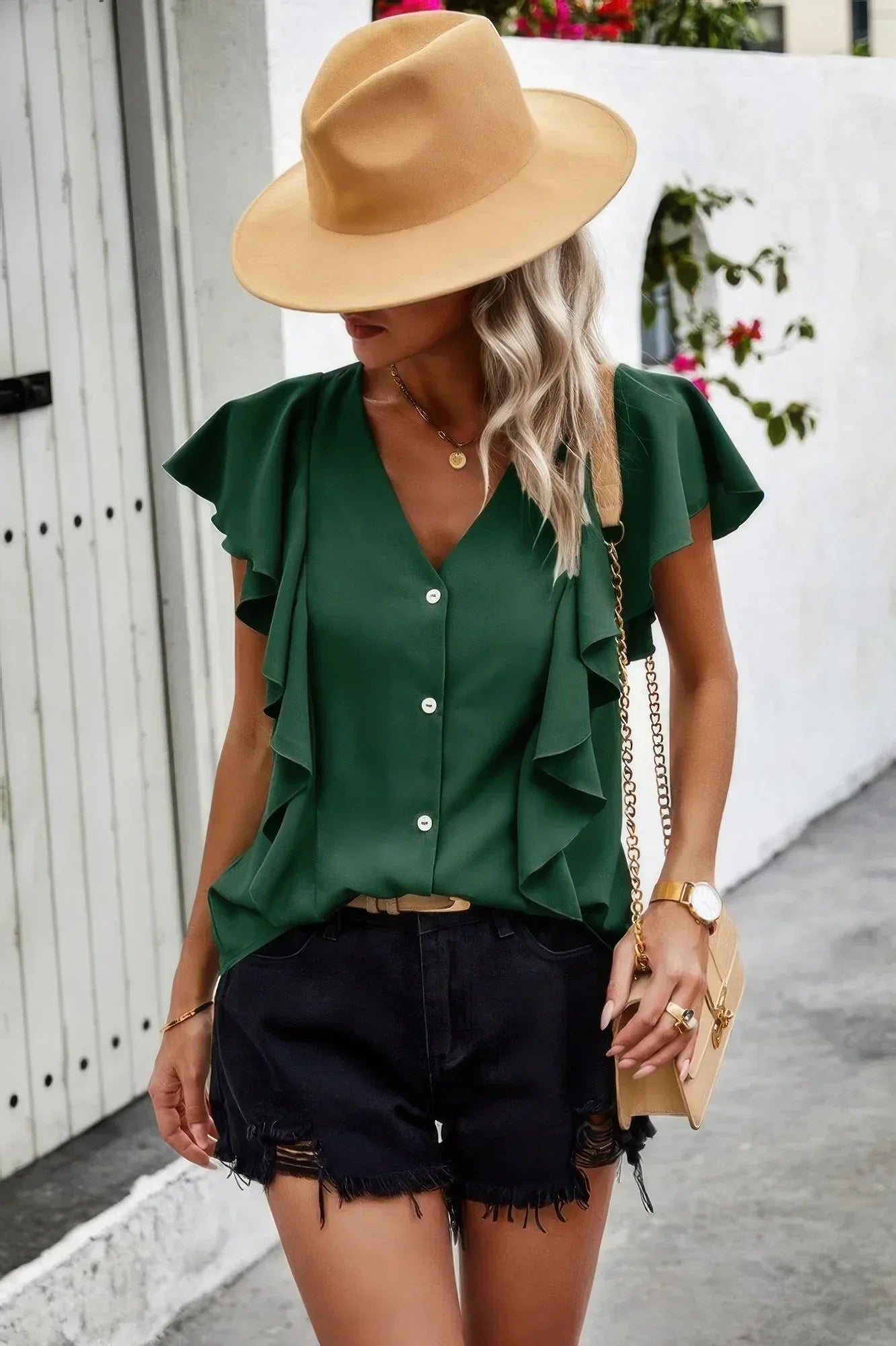 Solid Button Ruffle V Neck Fit Blouse | Mixtshop LLC
