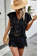 Solid Button Ruffle V Neck Fit Blouse | Mixtshop LLC