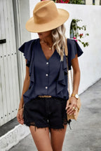 Solid Button Ruffle V Neck Fit Blouse | Mixtshop LLC
