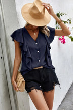 Solid Button Ruffle V Neck Fit Blouse | Mixtshop LLC