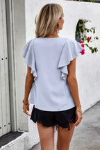 Solid Button Ruffle V Neck Fit Blouse | Mixtshop LLC