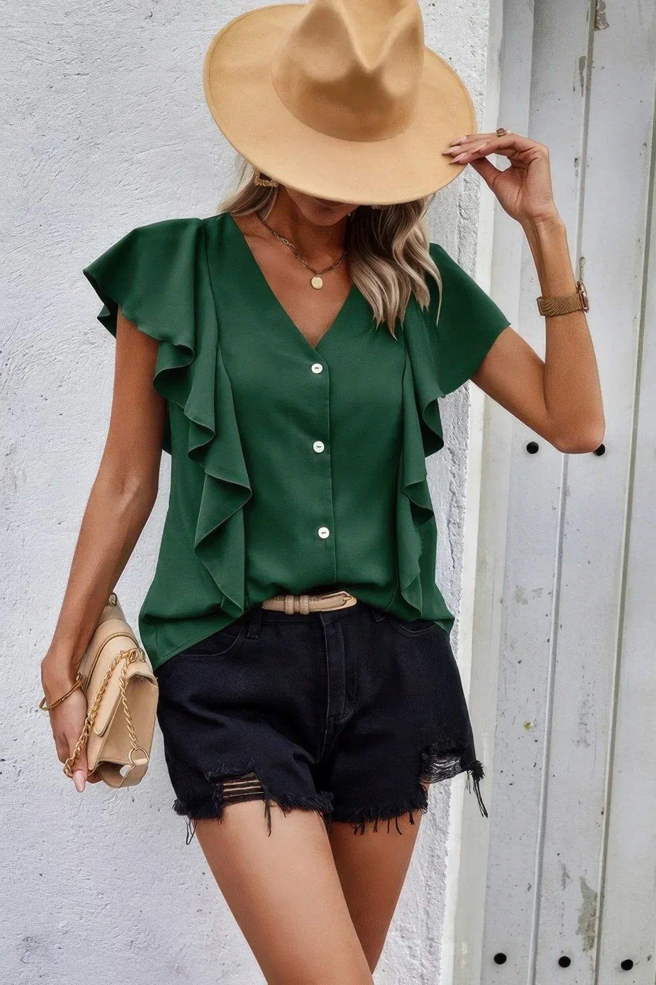 Solid Button Ruffle V Neck Fit Blouse | Mixtshop LLC