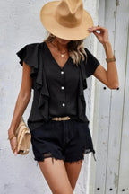 Solid Button Ruffle V Neck Fit Blouse | Mixtshop LLC