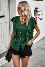 Solid Button Ruffle V Neck Fit Blouse | Mixtshop LLC