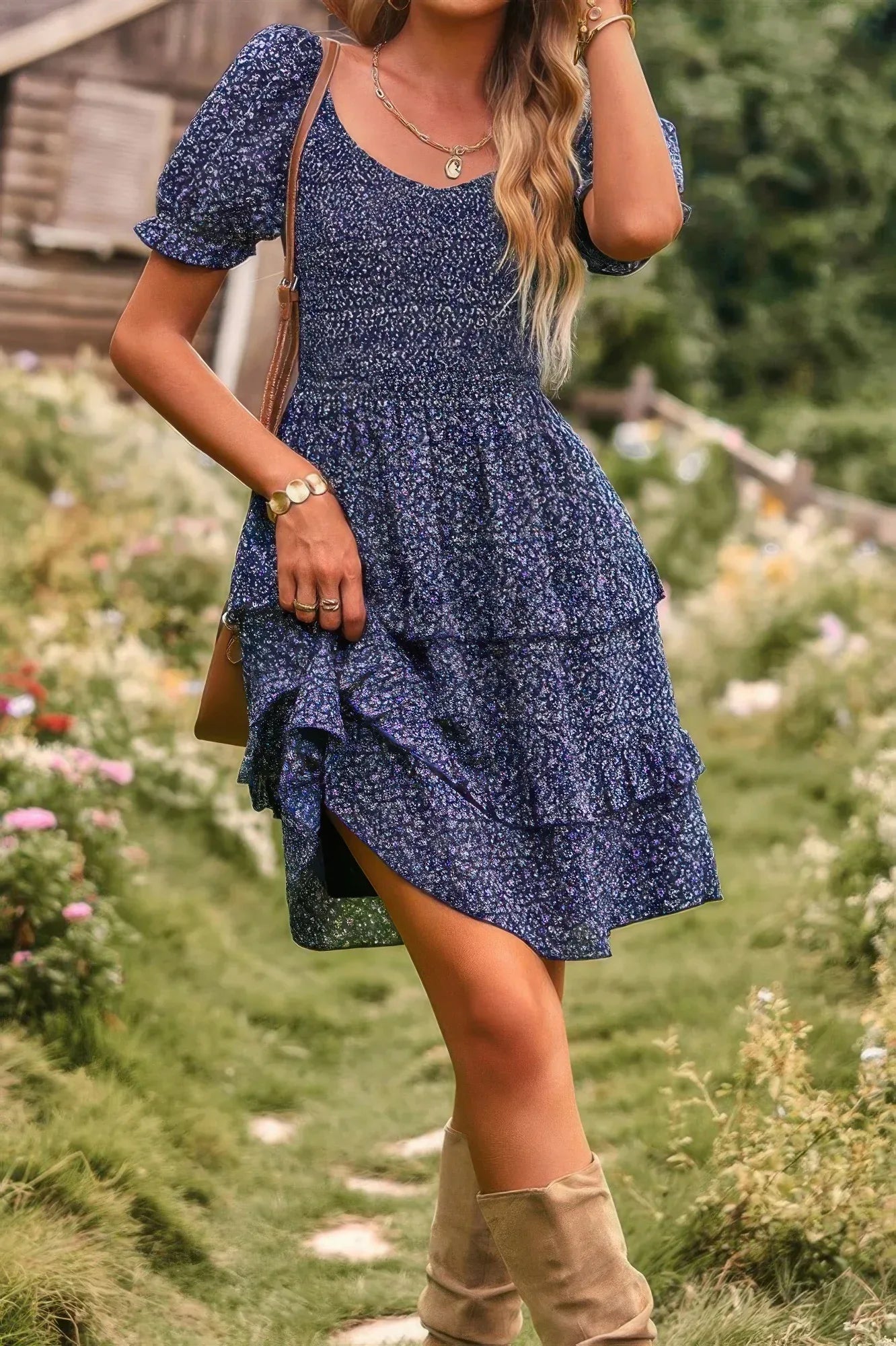 Floral Print Fit Short Sleeve A Line Dress | Mixtshop LLC Main image