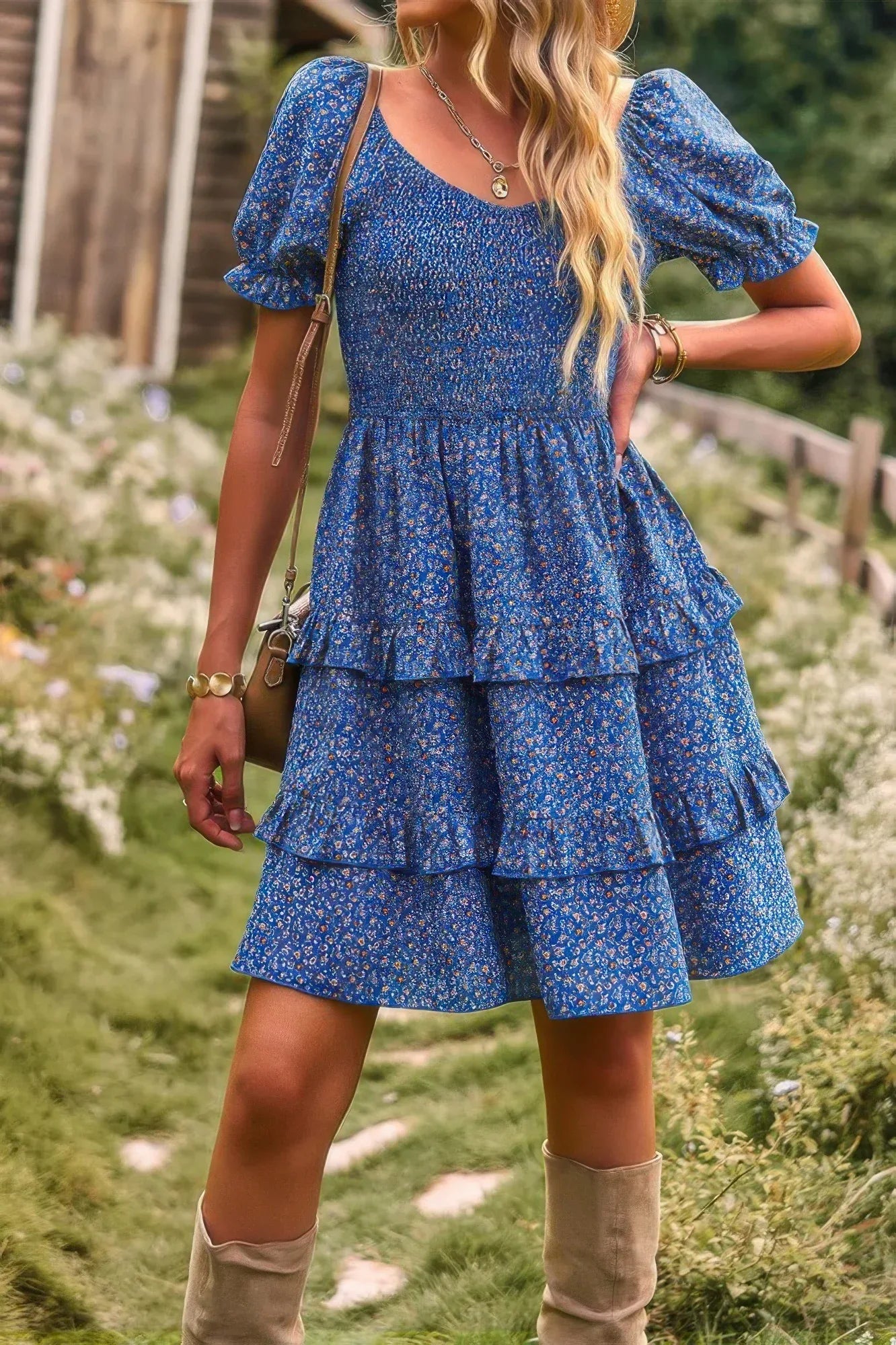 Floral Print Fit Short Sleeve A Line Dress | Mixtshop LLC