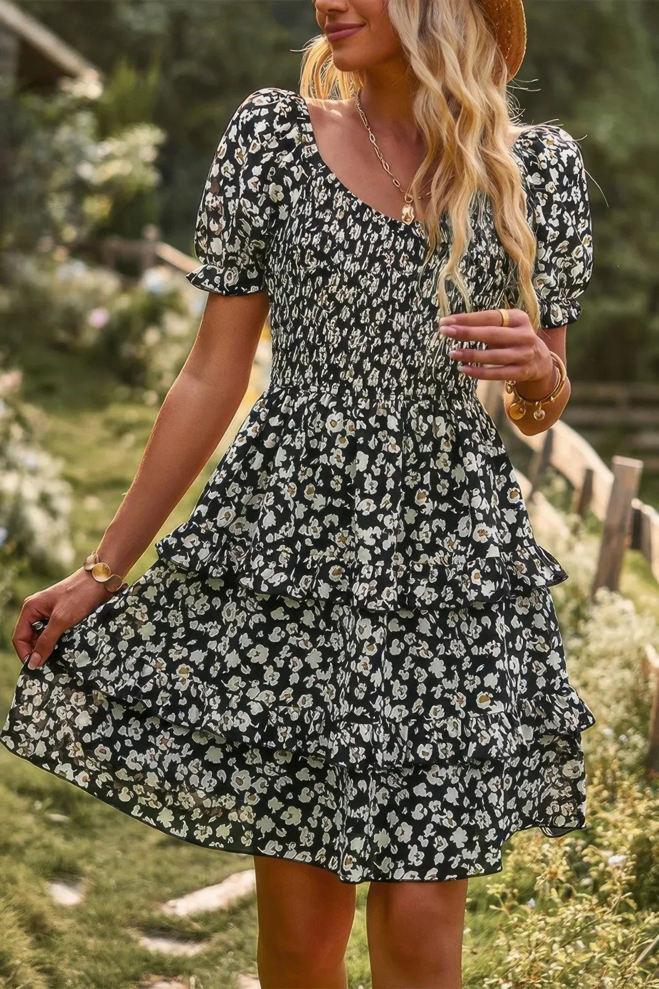 Floral Print Fit Short Sleeve A Line Dress | Mixtshop LLC