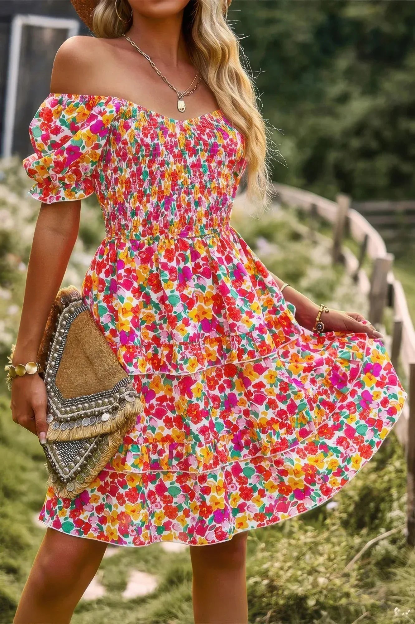 Floral Print Fit Short Sleeve A Line Dress | Mixtshop LLC