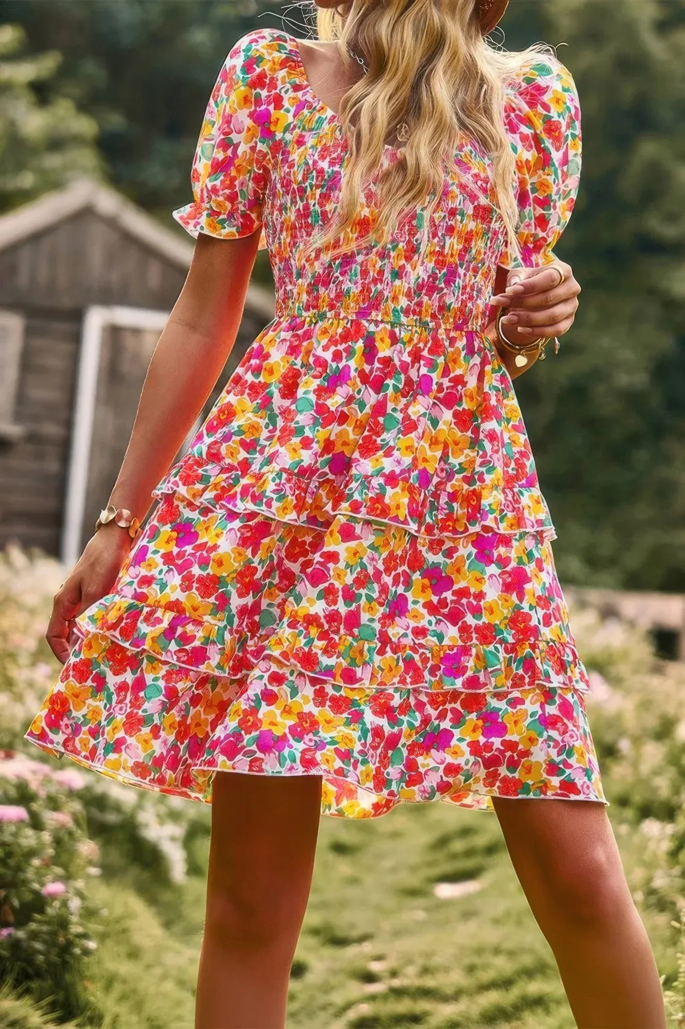 Floral Print Fit Short Sleeve A Line Dress | Mixtshop LLC