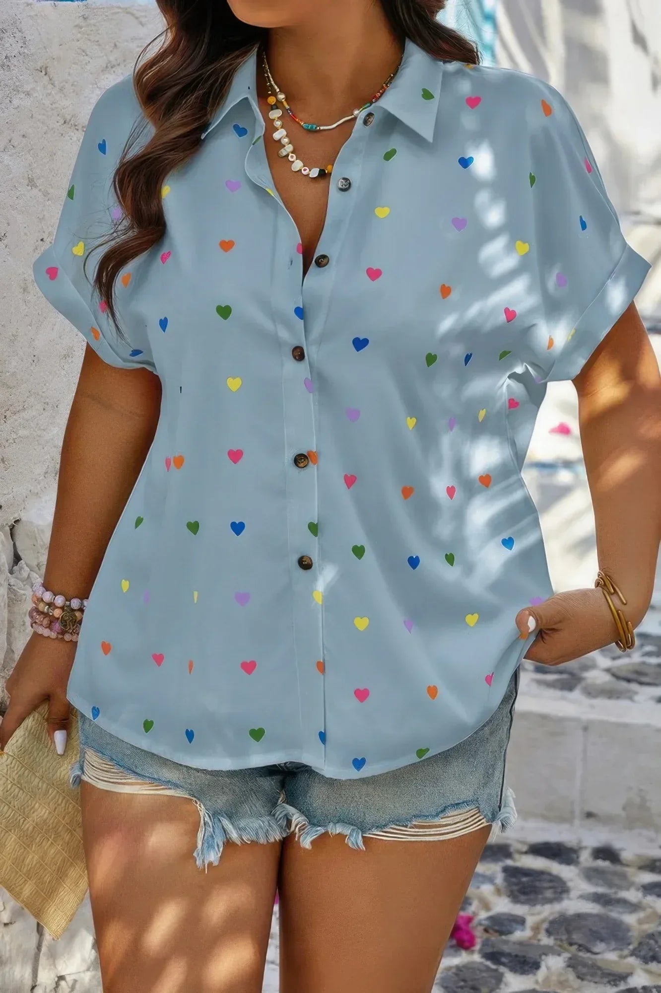 Plus Size Hearts Print Button Down Loose Blouse | Mixtshop LLC Main image
