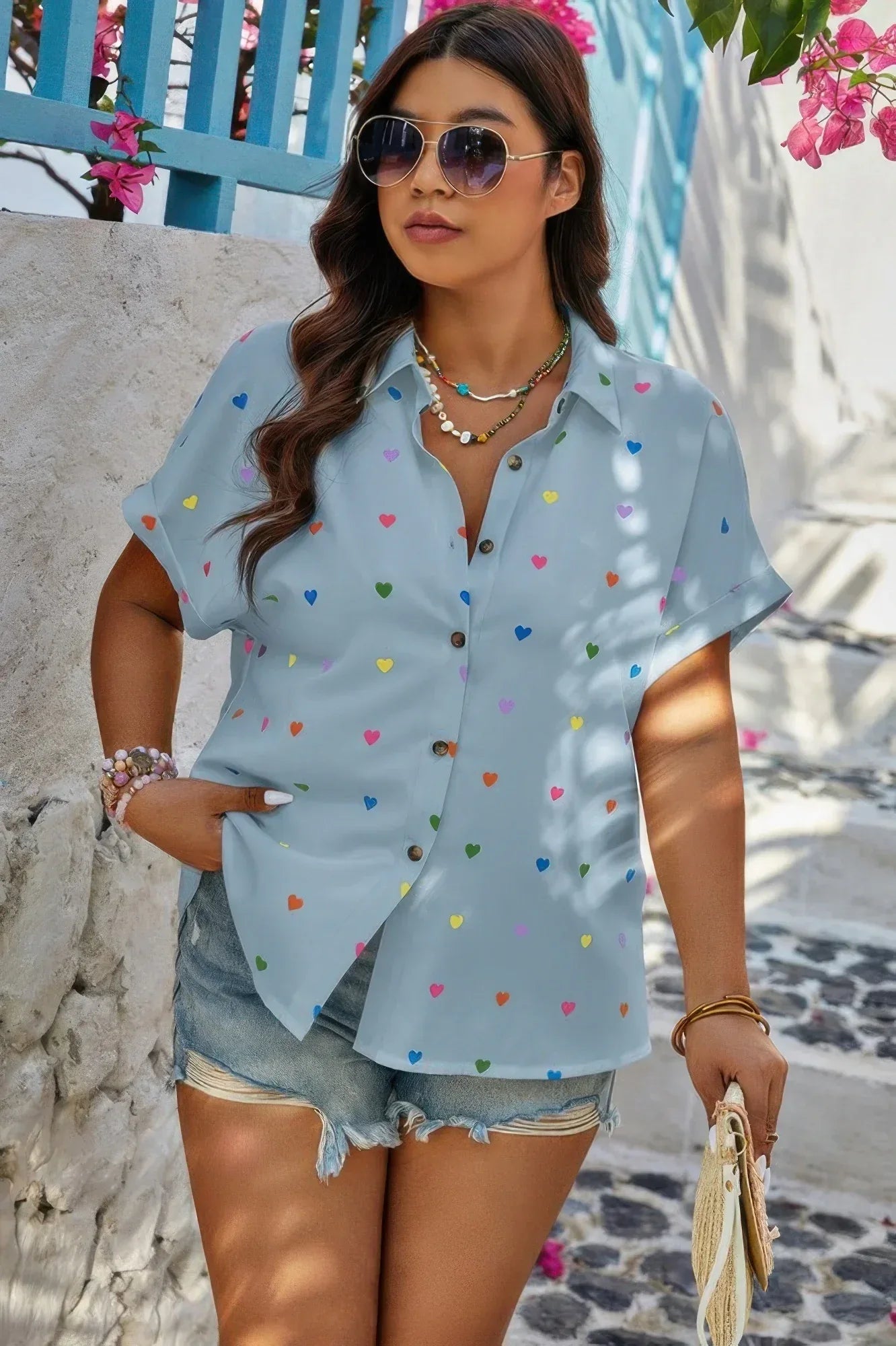 Plus Size Hearts Print Button Down Loose Blouse | Mixtshop LLC