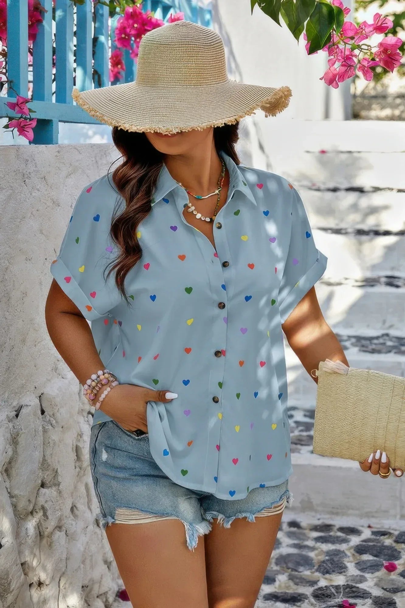 Plus Size Hearts Print Button Down Loose Blouse | Mixtshop LLC