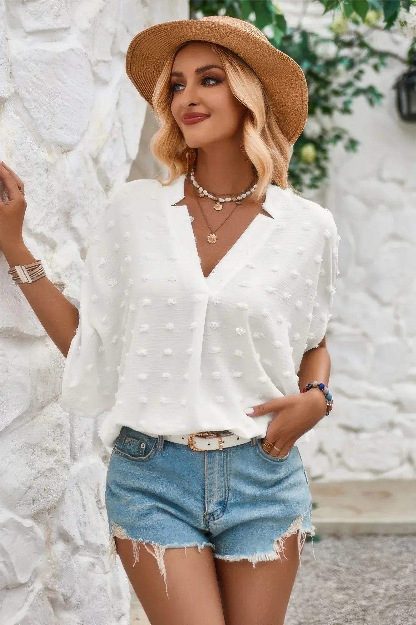 Swiss Dot V Neck Loose Half Sleeve Blouse | Mixtshop LLC