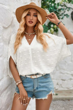 Swiss Dot V Neck Loose Half Sleeve Blouse | Mixtshop LLC