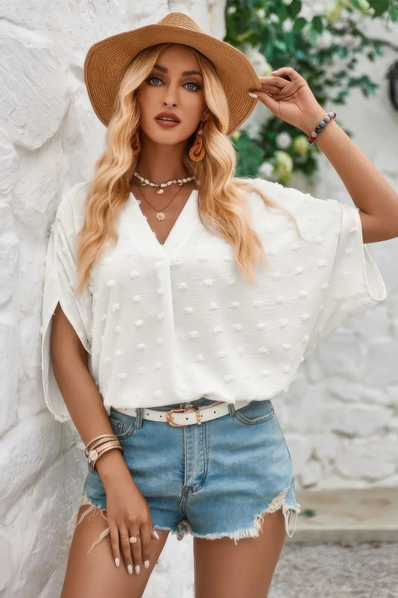 Swiss Dot V Neck Loose Half Sleeve Blouse | Mixtshop LLC