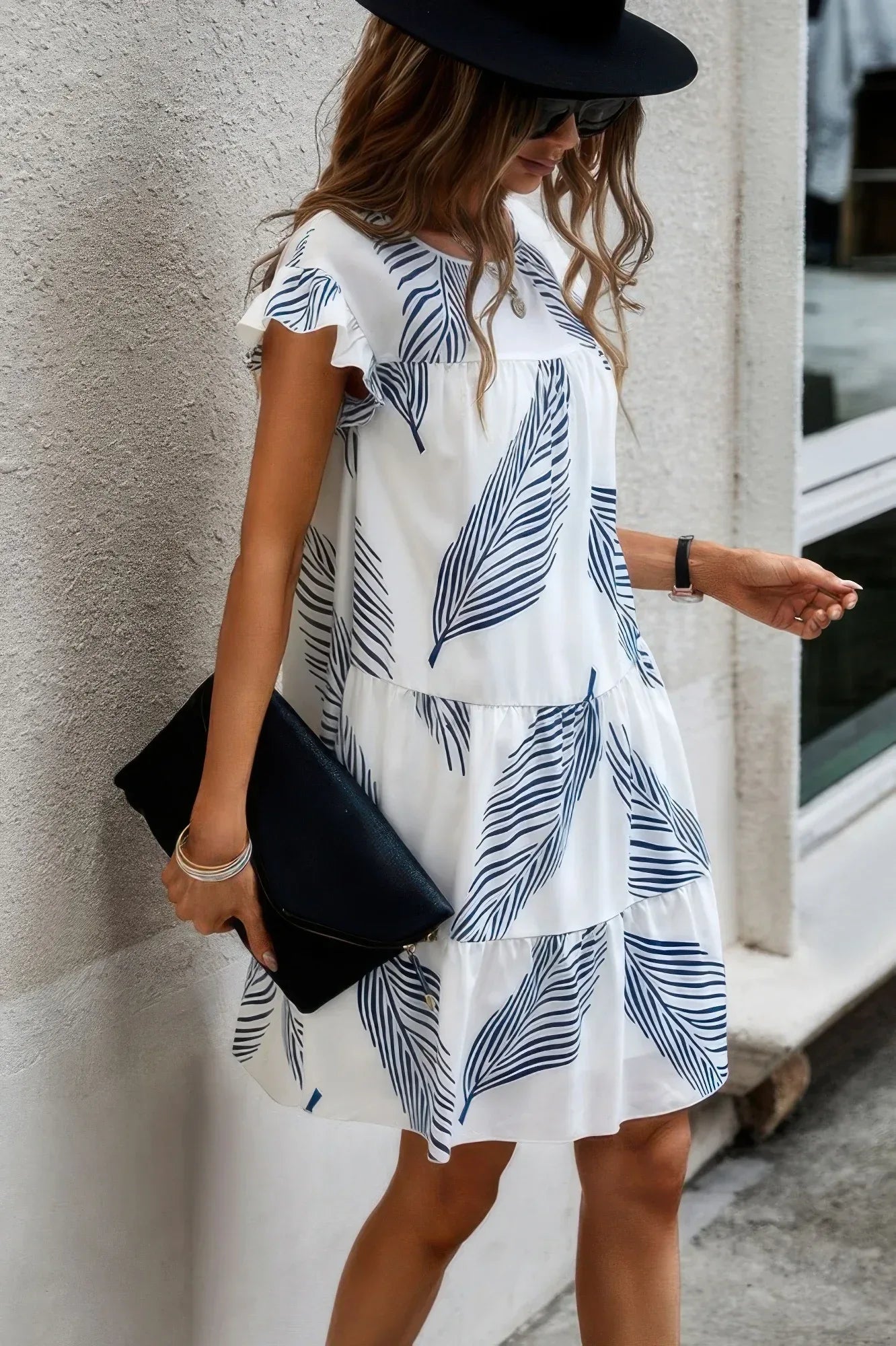 Leaf Print Loose Fit Color Block Sleeves Ruffle Dress | Mixtshop LLC