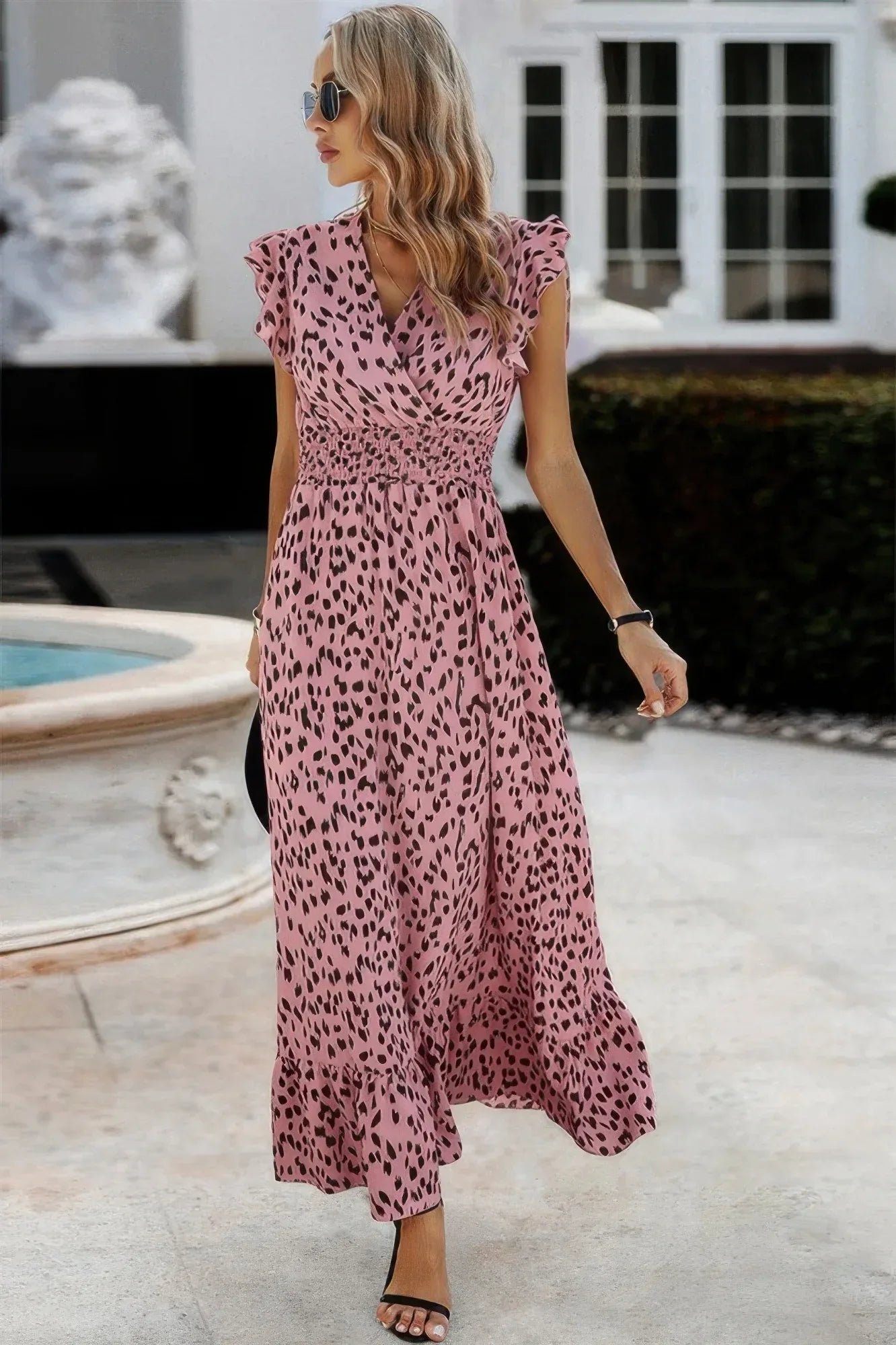 Sleeveless Tie Waist Surplice Wrap Leopard Dress | Mixtshop LLC