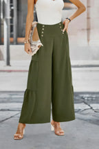 Solid Ruffle Button Wide Leg Pant | Mixtshop LLC