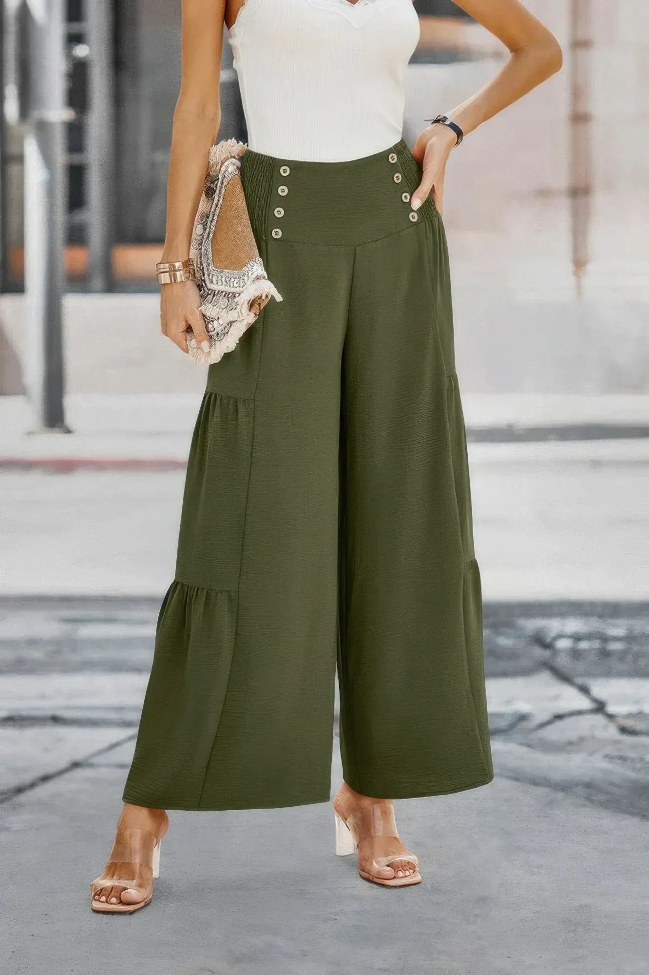 Solid Ruffle Button Wide Leg Pant | Mixtshop LLC