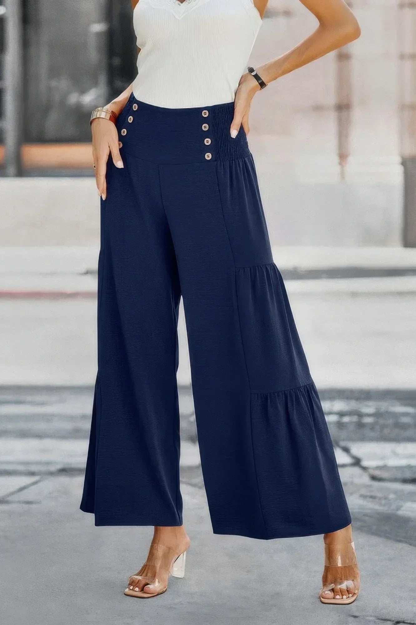 Solid Ruffle Button Wide Leg Pant Secondary image