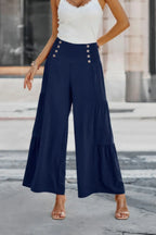 Solid Ruffle Button Wide Leg Pant | Mixtshop LLC