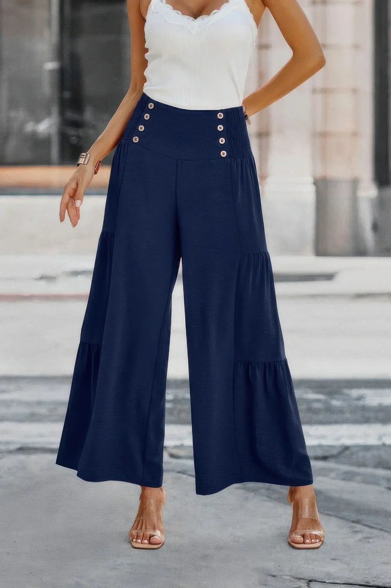 Solid Ruffle Button Wide Leg Pant | Mixtshop LLC
