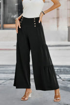 Solid Ruffle Button Wide Leg Pant | Mixtshop LLC
