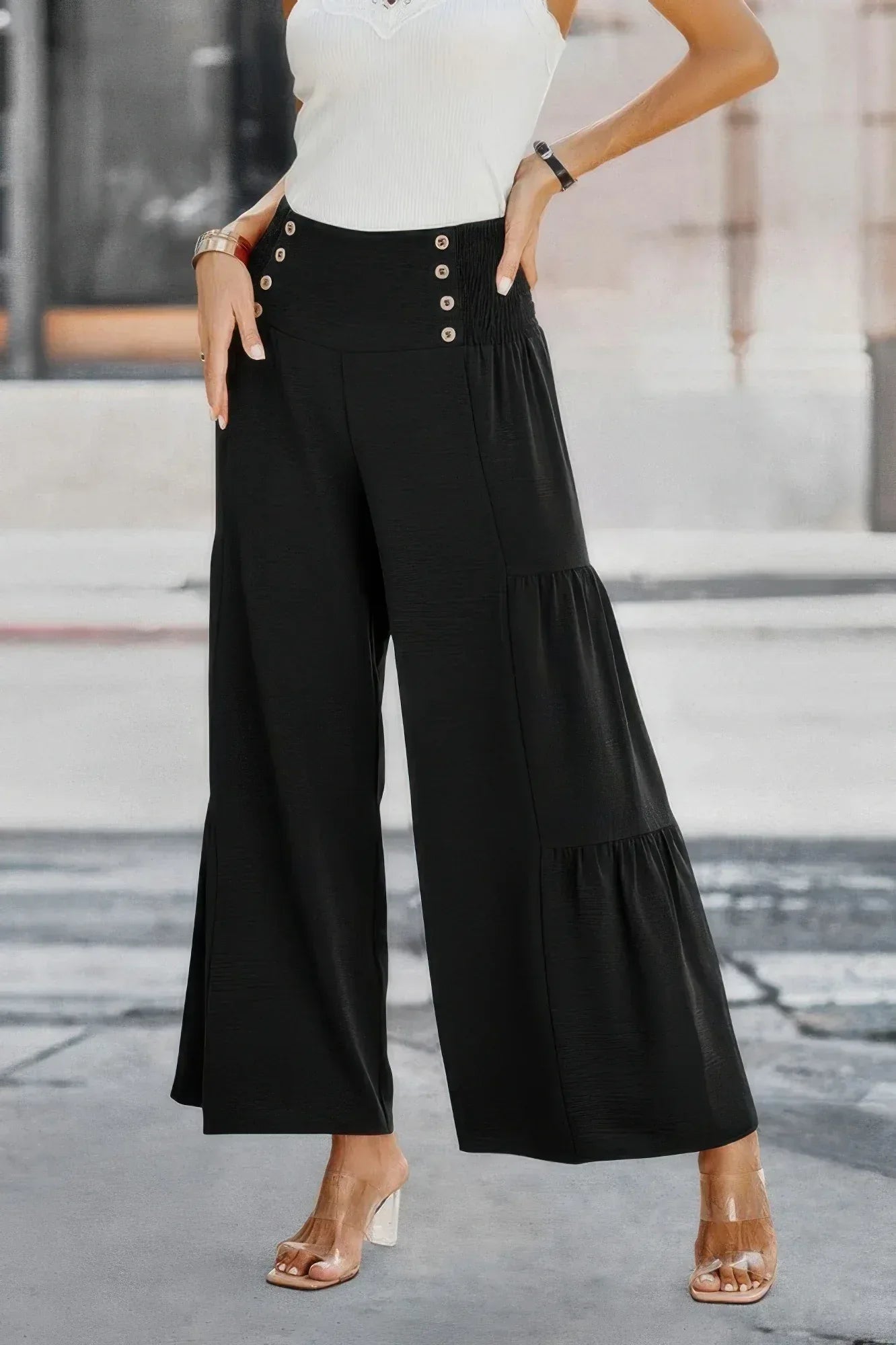 Solid Ruffle Button Wide Leg Pant | Mixtshop LLC