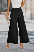 Solid Ruffle Button Wide Leg Pant | Mixtshop LLC