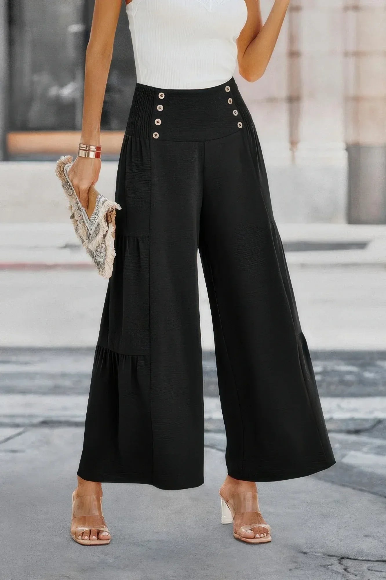 Solid Ruffle Button Wide Leg Pant | Mixtshop LLC